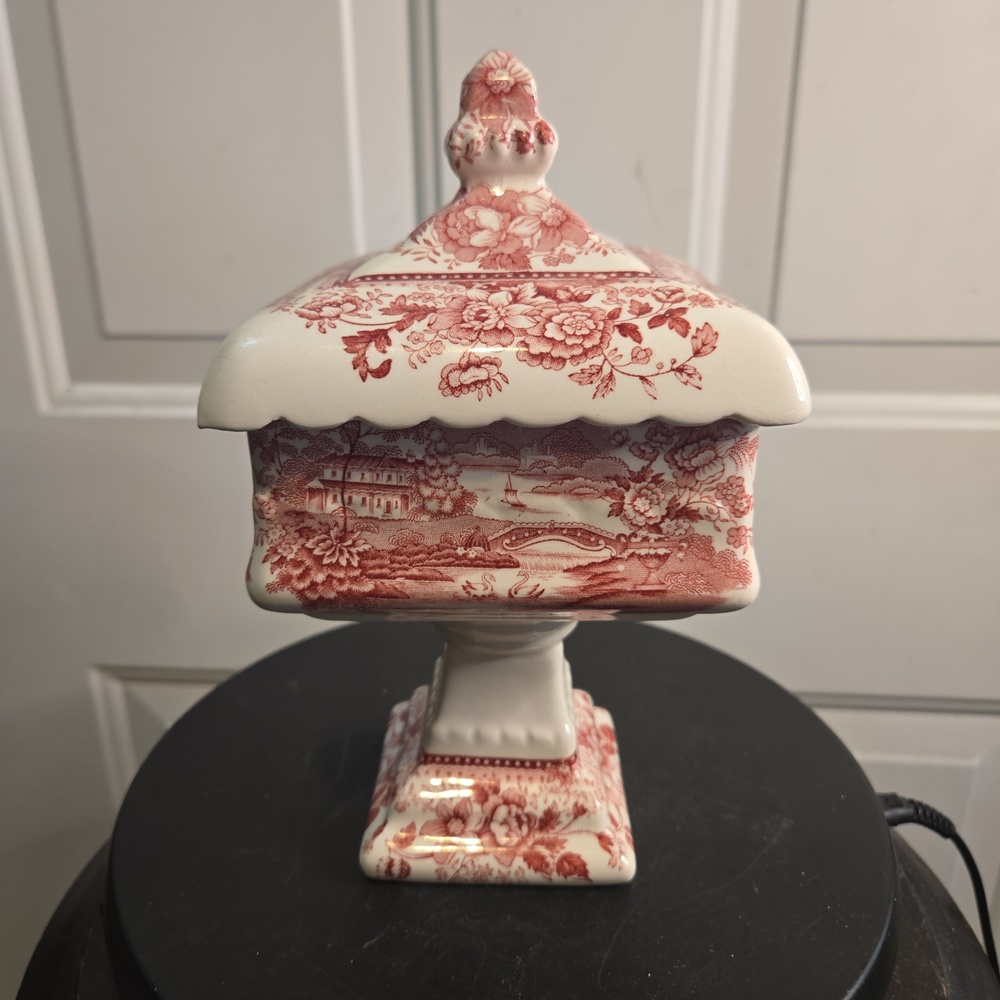 Royal Staffordshire Clarice Cliff Red Transferware Pedestal Compote W/ Lid